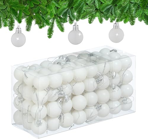 Relaxdays Weihnachtskugeln im 96er Set, glitzernde, matte & glänzende Baumkugeln, Weihnachtsbaumdeko, Kunststoff, weiß