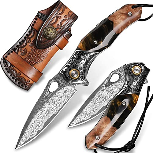 Handgefertigtes Japan Damaszener Stahl Taschenmesser，3,2-Zoll VG10 Klinge Männer und Frauen Klappmesser，Mit Holster，Futterschloss，Kunstharz und Ahorn Griff，Geeignet für EDC outdoor camping，gehen Ange