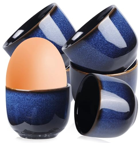 GOMETY Lot de 6 coquetiers en porcelaine, céramique coquetiers vintage bleu overglaçure multicolore coquetiers porcelaine support à œufs porte-œufs pour œufs cuits petit-déjeuner brunch dîner