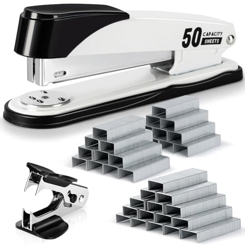 Deli Stapler Heavy Duty, Full Strip Staplers for Desk with 2000 Staples and Staple Remover, 50 Sheet Capacity, No Jam, Non-Slip Office Stapler with Staples for Office, Classroom, White