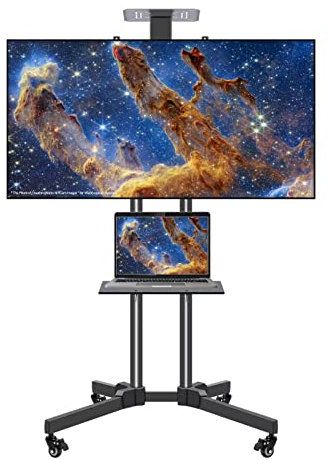 Soporte de TV móvil con Ruedas, con Estante Ajustable para portátil y Bandeja Superior, para Pantalla Plana Curva, máx. 60 cm, un Solo Color, 185 cm de Alto.
