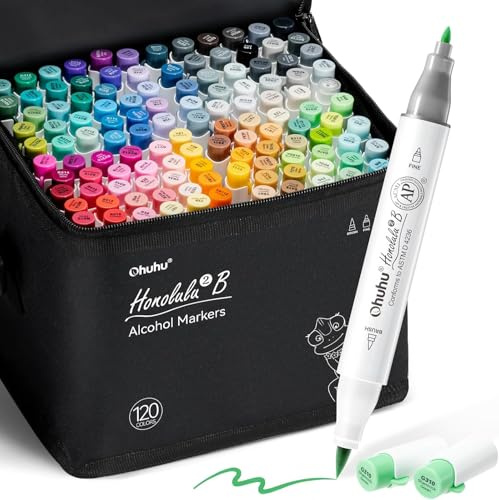 Ohuhu Alcohol Markers Brush Tip - 120-color AP Certificated Double Tipped Art Marker Set for Artist Adults Cozy Coloring Drawing Illustration - Brush and Fine Dual Tips - Honolulu 2B - Refillable
