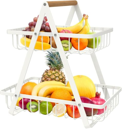 Cesta de Frutero de 2 Niveles con Asa de Madera, Cesta de Frutas Desmontable Metálica, Organizador de Cocina para Encimera, Soporte para Frutas y Verduras, Ideal para Frutas, Verduras y Más, Blanca
