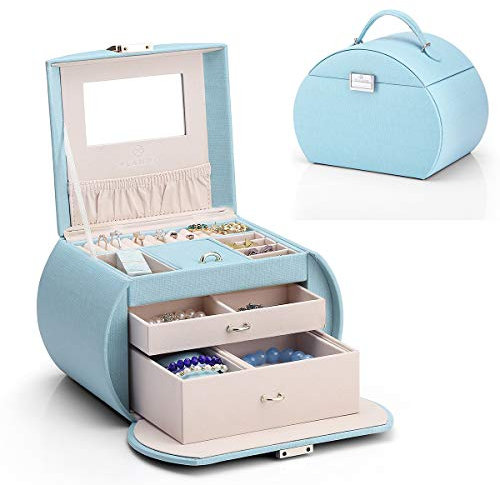 Vlando Scatola Portagioie, Organizzatore da Ragazza,Valigetta per Gioielli con 2 Cassetti, Portagioielli da Viaggio per Anelli Orecchini Collane Bracciali, con Carta di Saluto, Idee regalo (blu)