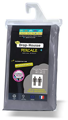 Linge des Familles - Drap Housse 140x190/200 cm - 100% Coton Percale - Gris Foncé - Grand Bonnet 30 cm - Elastique Tout Autour - Label Oeko-TEX® Standard 100 - Made in Europe