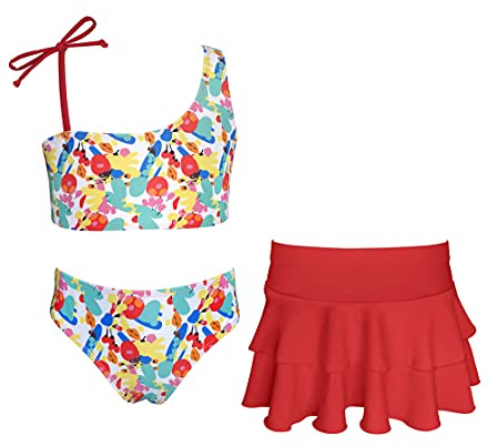 SHEKINI Costume da Bagno per Ragazze in 3 Pezzi Regolabile Monospalla Bikini Set con Gonna Estivo Halter Stampa Costume Belle Ragazze Due Pezzi per 6-14 Anni(8-10 Anni,Rosso)