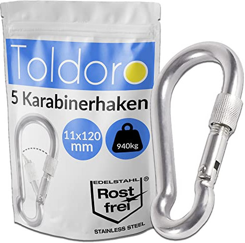 Toldoro® 5X Edelstahl Karabiner mit Schraubverschluss 120mm Rostfrei - NIRO AISI 316 V4A / Karabinerhaken Klein für Schaukel, Hängematte oder Sonnensegel/Schraubkarabiner, Bruchlast 1000kg