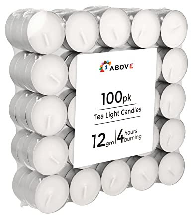 1ABOVE 100 Pack 4 Hour Long Burning Unscented Tea Light Candles, Long Lasting, Cotton Wicks Ideal for Weddings, Birthdays, Parties, Restaurants, Massage Parlors, Spa