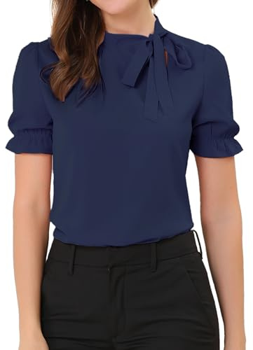 Allegra K Top Elegante Mujere Blusa DeManga Corta De Oficina Las Camisas del Cuello De La Pajarita Azul Oscuro M