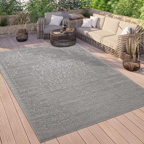 Paco Home Outdoor Teppich Wetterfest Balkon Küche Wohnzimmer Orientalisches Muster Vintage Optik Einfarbig 3D Modern, Grösse:200x280 cm, Farbe:Anthrazit
