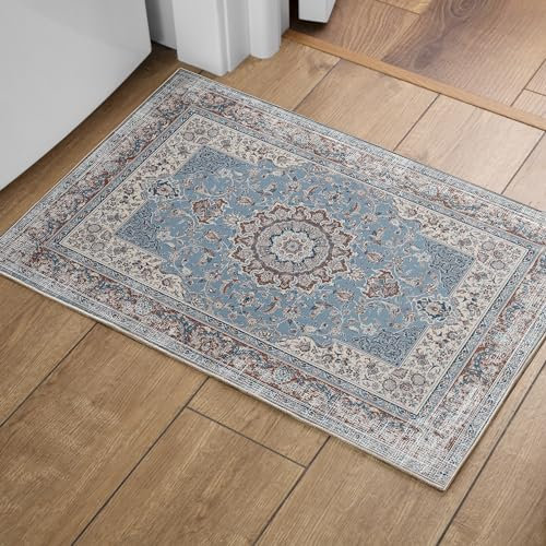 OMERAI Teppich Wohnzimmer Waschbarer Kurzflor Teppich Orientalisch Weiche Schlafzimmer blau rutschfest Vintage Teppich 60x130CM Waschmaschine Teppich