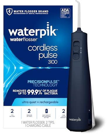 Waterpik - Hilo dental inalámbrico recargable de pulso portátil para dientes, encías, aparatos ortopédicos para el cuidado y viajes con 2 puntas de hilo dental, impermeable, aceptado ADA, color azul
