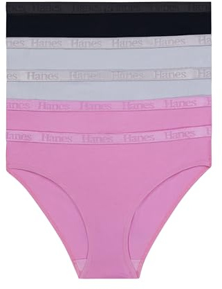 Hanes Women's Originals Ultra Supersoft Underwear, 5-Pack, Viscose from Bamboo Bikini, Black/Silver Opal/Strawberry Candy Pink