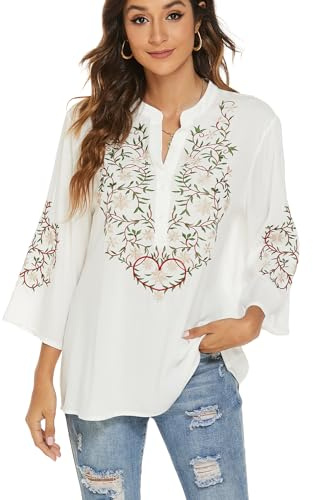 drakloak Donne Camicetta Estiva Boho Ricamo Messicano Tops Camicia a Maniche Corte Boho Tunica Folklore Hippie Camicette(380 Bianco XL)