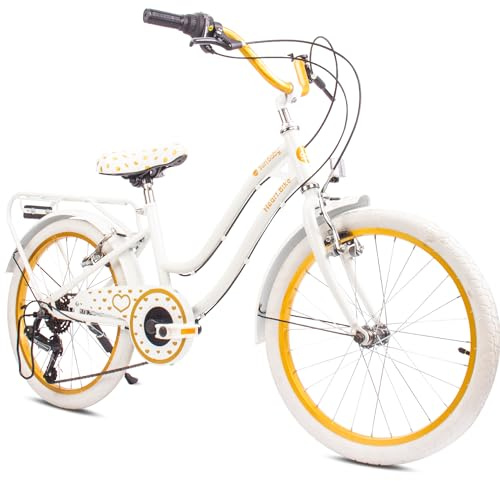 sun baby Heart Bike Kinderfahrrad 20 Zoll Mädchen, Fahrrad für Kinder ab 6 Jahre, 6-Gang Shimano, V-Brake, Gepäckträger, Reflektoren (Weiß-Gold, 20 Zoll)