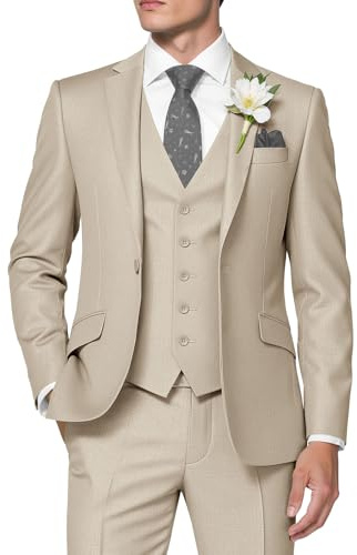 HUUTOE Costume 3 pièces élégant pour homme, type smoking, coupe ajustée, avec blazer, gilet et pantalon, pour l’été, mariage, bal de fin d'année, affaires, beige, Taille L