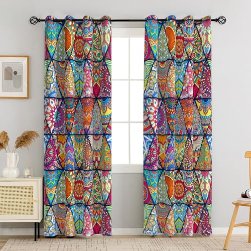 Tyrot Boho Mandala 100% Blackout Curtains for Bedroom 63 inch Length 2 Panels Set Colorful Bohemian Floral Thermal Insulated Room Darkening Window Drapes Black Out Curtains for Living Room, 52Wx63L