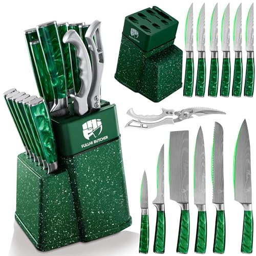 FULLHI Set di coltelli a blocco da 14 pezzi, set di coltelli da chef con blocco e affilatoio, set di coltelli da cucina, manico multicolore, regali per uomini e donne (Resina verde)