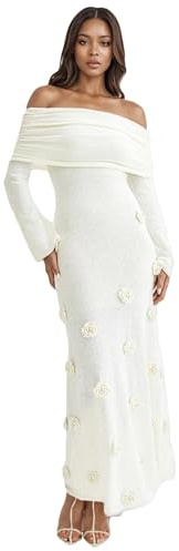 LETSVDO Women Off The Shoulder Crochet Maxi Dress Long Sleeve Bodycon 3D Floral Maternity Photoshoot Knit Sweater Sexy Dress White