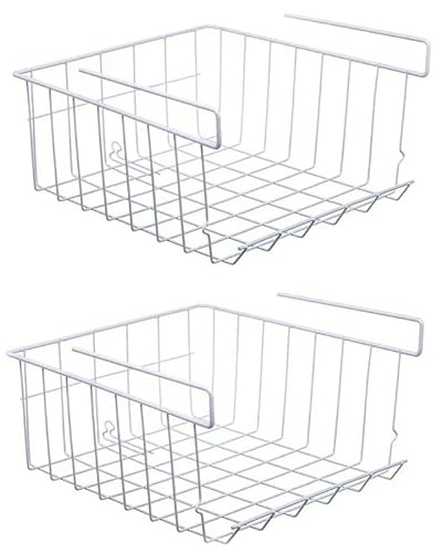 Pack of 2 Under Shelf Storage Baskets – Stackable Metal Wire Hanging Organisers for Kitchen, Pantry, Cabinet, Desk & Bookshelf | Rust-Proof White Undershelf Racks for Home & Office