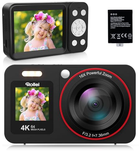 Rollei Compactline 64 Dual Screen Digitalkamera, 64MP 4K Fotoapparat mit Dual Display Kompaktes Fotokamera mit 18X Digitalem Zoom für Kinder Anfänger Schwarz, Digital-Kamera-Kompaktkamera-Fotoapparat