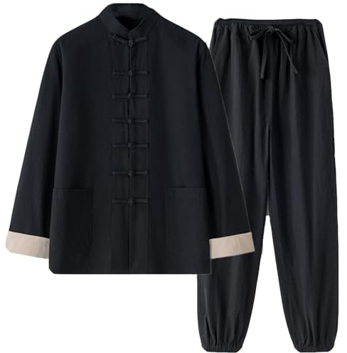 Lino in Cotone Tradizionale Camicie da Gocce Tang Cinese Pantaloni per Uomo Abiti Kung Fu Vestito Tai Chi Marziale Costume d'Arte(Size:170/L,Color:A)