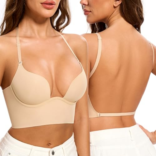 LUNNER'S SECRET Soutien Gorge Dos Nu-Soutien Gorge Invisible,Transparent Dos Convertibles Multiples,Coutures à Léger Rembourrage(Nude, 85D)