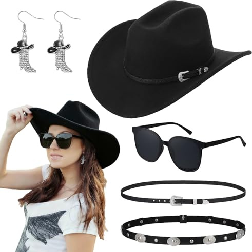 Partideal Black Cowboy Hat Set,Adjustable Soft Felt Cowgirl Hat with 1 Extra Hatband 1 Earrings 1 Glasses for Outdoor Party Hat Photo Prop