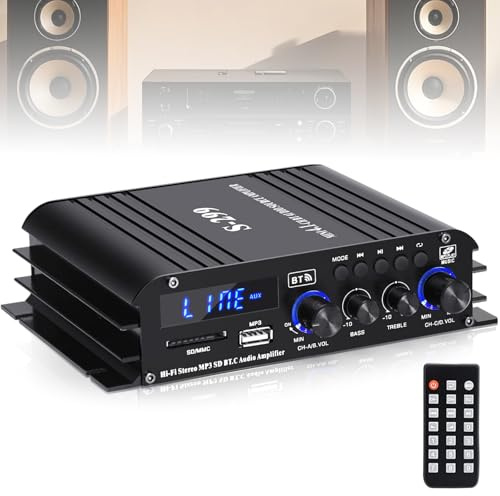4-kanals förstärkare, 1 600 W, Bluetooth 5.0, 4 x 40 W, USB, mikrofon, FM-radio och fjärrkontroll. Inbyggd Hi-FI-förstärkare för hem eller bil