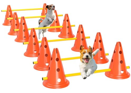 PawHut Ensemble d'Agilité pour Chien 6 Pièces 12 cônes 12 poteaux Orange | Parcours d'Obstacle Intérieur et Extérieur, Hauteur Réglable, Sac de Transport, Assemblage Facile