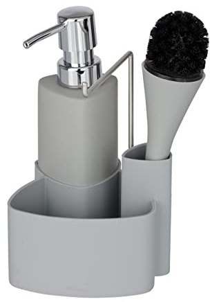 WENKO Set lavavajillas Empire, 4 en 1 - dispensador, cepillo, soporte para paños de cocina y organizador, cerámica de calidad con superficie suave al tacto, 250 ml, 11 x 19 x 12,5 cm, gris