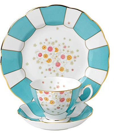 Royal Albert 40017531 108 100 Ans 1930 Mint Deco Tasse à thé, Soucoupe, Assiette 20 cm, Lot de 3 pièces, Turquoise, Porcelaine Anglaise