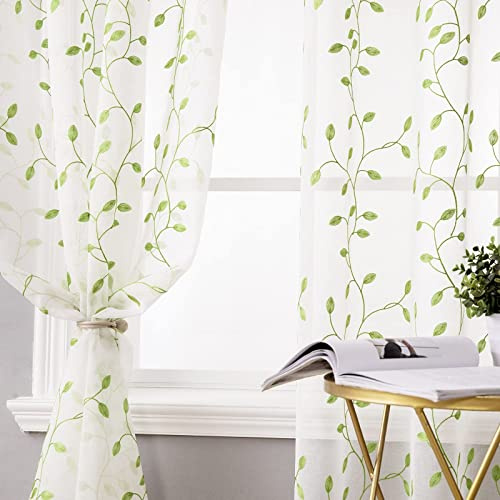 MIULEE 2 Unidades Cortinas Bordado Translucida de Dormitorio Moderno Ventana Visillos Rayas Salon Paneles con Ojales Plateados para Sala Cuarto Comedor Salon Cocina Habitación 140x245 Verde