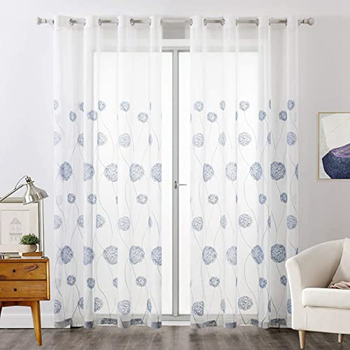 MIULEE Tenda per Camera da Letto, Tende Voile con Blu Ricamata Motivo, Tende Bianche Trasparenti con Occhielli, Tenda Finestra Interni per Casa Soggiorno e Salotto 2 Pezzi,2xL 140 x A 260 cm