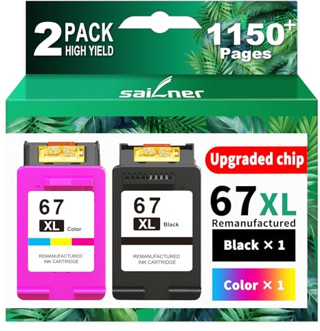 SAILNER 67XL Ink Cartridges Black/Color Combo Pack Replacement for HP Ink 67 HP67XL (2-Pack High Yield) Compatible with HP DeskJet 2755e 2855e 2700e 4155e 2734e 2827e 4100e Envy 6055 6455e Printer