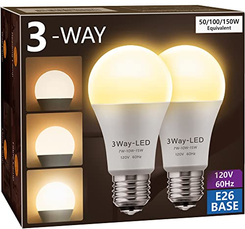 Briignite LED Light Bulbs, 3 Way LED Light Bulbs 50 100 150W Equivalent, 3 Way Light Bulb, Three Way A19 Light Bulbs E26 Medium Base, Warm White 3000K, 500lm-1000lm-1500lm, 2 Pack