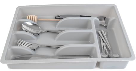 KADAX Inserto de cajón, 5 compartimentos, gris claro, organizador robusto para cubiertos, divisor de cajones funcional