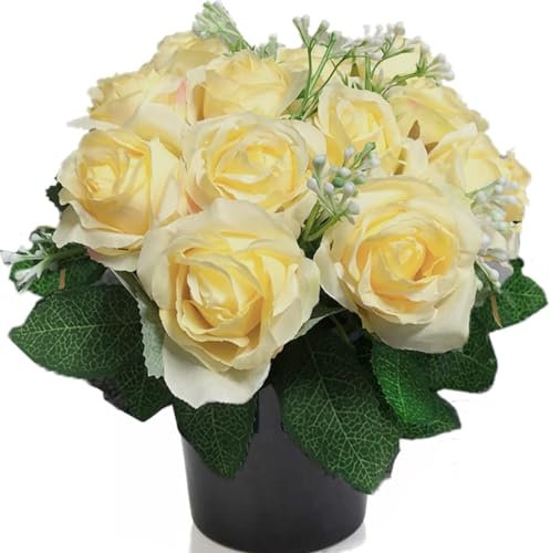 Etomvoop Vaso da fiori con 12 teste di rose artificiali in finta seta per funerali floreali per cimitero commemorativo all'aperto resistente ai raggi UV decorativo per la casa