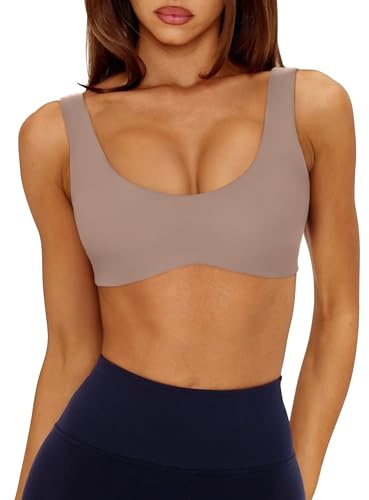 LASLULU Reggiseno sportivo sexy da donna, scollo rotondo, senza maniche, imbottito, per allenamento, yoga, top corto, Terra di Siena, M