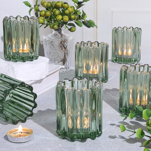 6 Pcs Votive Candle Holder, Green Glass Tea Light Candle Holders