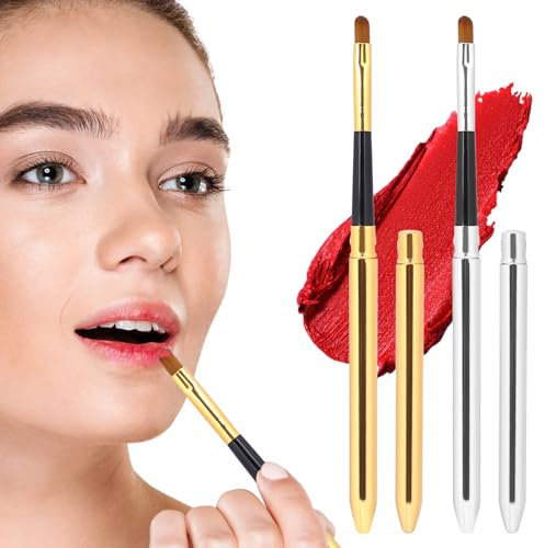 2 Stück Lippenpinsel mit Kappe, Mini-Lippenpinsel-Applikator Flach für Glanzcreme Professioneller Lippenstiftpinsel Concealer Pinsel Wiederverwendbar Make-up-Werkzeuge für Frauen (Gold, Silber)