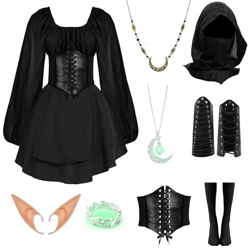 IEEILULU Vestido Medieval Mujer con Capucha, Vestido Gótico Retro Mujer, Disfraz Renacentista con Corsé, Orejas de Elfo para Carnaval Halloween Cosplay (Negro, S)