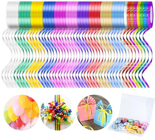 YSWOVUO 48 Rollen Geschenkband, 5MM Schleifenband Set, 10M Ringelband Ballonband, Geschenkbänder für Ballonverschlüsse, Geschenkverpackung, Hochzeitsdeko, Basteln