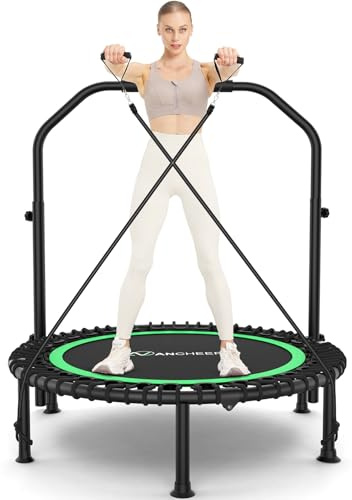 ANCHEER 48 Foldable Mini Trampoline - Max Load 350lbs - 450lbs Indoor Exercise Equipment - with 4 Level Adjustable Foam Handle and Resistance Bands - Adult Exercise Rebounder Trampoline for Home
