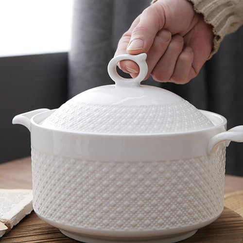 Keramisk soppterrin med soppslev Soppskål med lock gjord av porslin för restaurang hem kök vit dekoration soppgryta, 2200ml