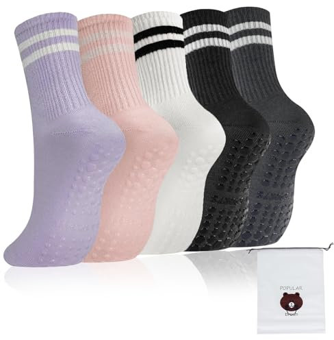 Rienan 5 Paar Pilates Socken Stoppersocken Damen Yoga Socken,mit 1 Aufbewahrungstasche,Bequem und Atmungsaktiv,Rutschfestes Silikondesign,Pilates,Yoga,Tanz,Ballett,Trampolin-Fitness