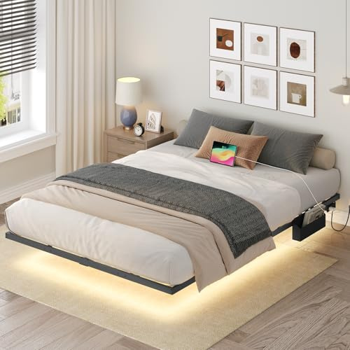 MAHANCRIS Bettgestell 140 x 200 cm, Bettrahmen mit Ladestation und LED-Streifen, Bettgestell aus Metall, Schwebender Bettrahmen, Doppelbett, für Schlafzimmer Gästezimme, Schwarz ABFBK537UE01