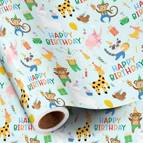 RUSPEPA Rotolo Di Carta Da Regalo Per Compleanno, Tema Festa Animali Della Giungla Con Giraffa, Scimmia, Coniglietto E Scritta Happy Birthday, Carta Da Regalo Per Feste Di Ragazzi, 43,2 Cm X 5 M