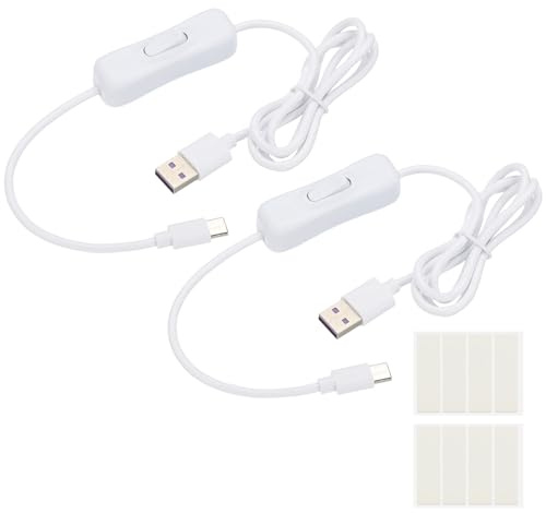 PATIKIL 1 m USB-kabel med på/av-brytare, 2 stycken USB-hane till typ C-hane förlängningskabel med skum dubbelsidig tejp för LED-skrivbord LED-remsor, vit
