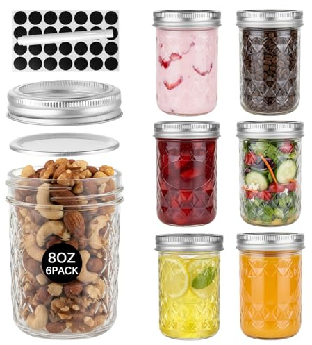 OAMCEG 6 Pack 250ml Mason Jars with Lids - Airtight Regular Mouth Glass Jars with Silver Metal Lid, Includes Round Sticker Labels and Marker Pen for Pickling, Jam, Honey, Overnight Oats, Food Storage